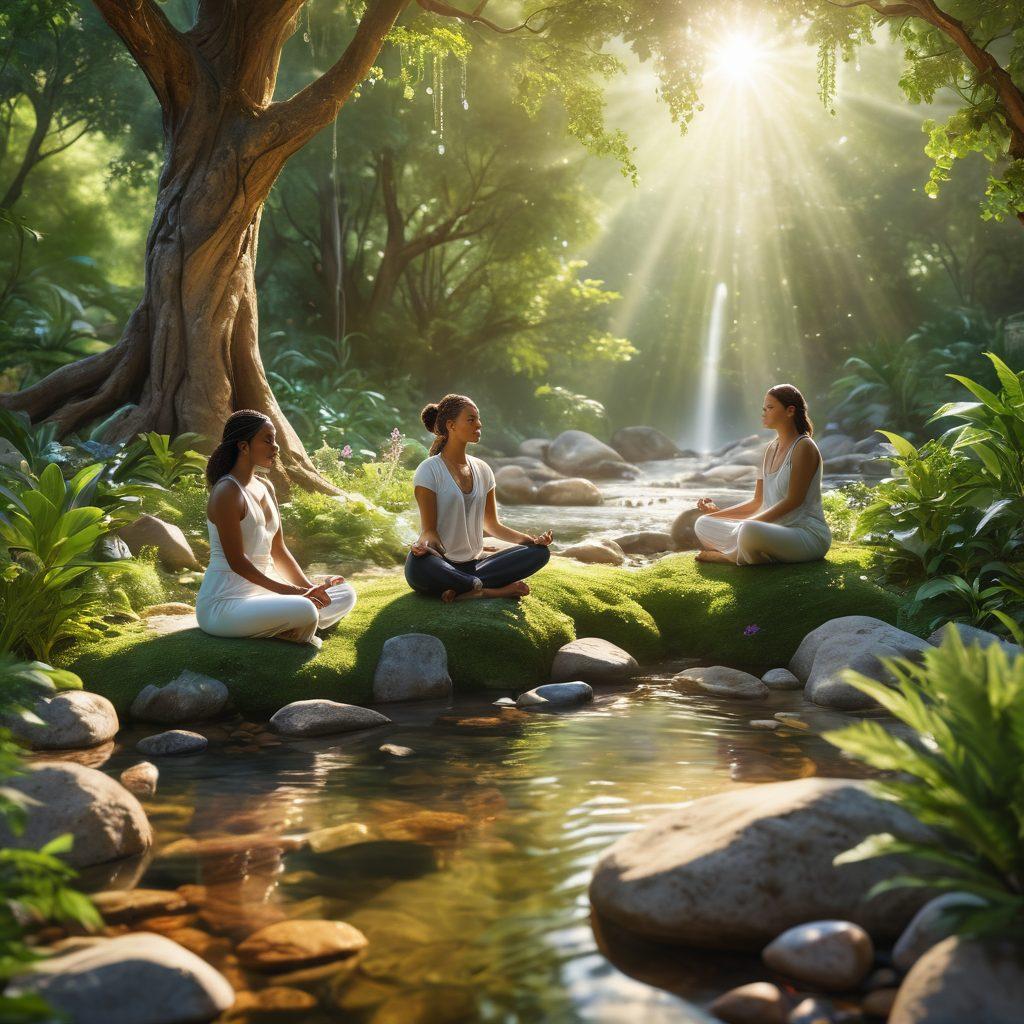A serene and inviting space showcasing a diverse group of survivors meditating together in nature, surrounded by healing crystals, lush greenery, and soft sunlight filtering through the trees. Each individual embodies strength and resilience, expressing unity and tranquility. In the background, a gentle stream flows, symbolizing purification and renewal. super-realistic. vibrant colors. peaceful ambiance.