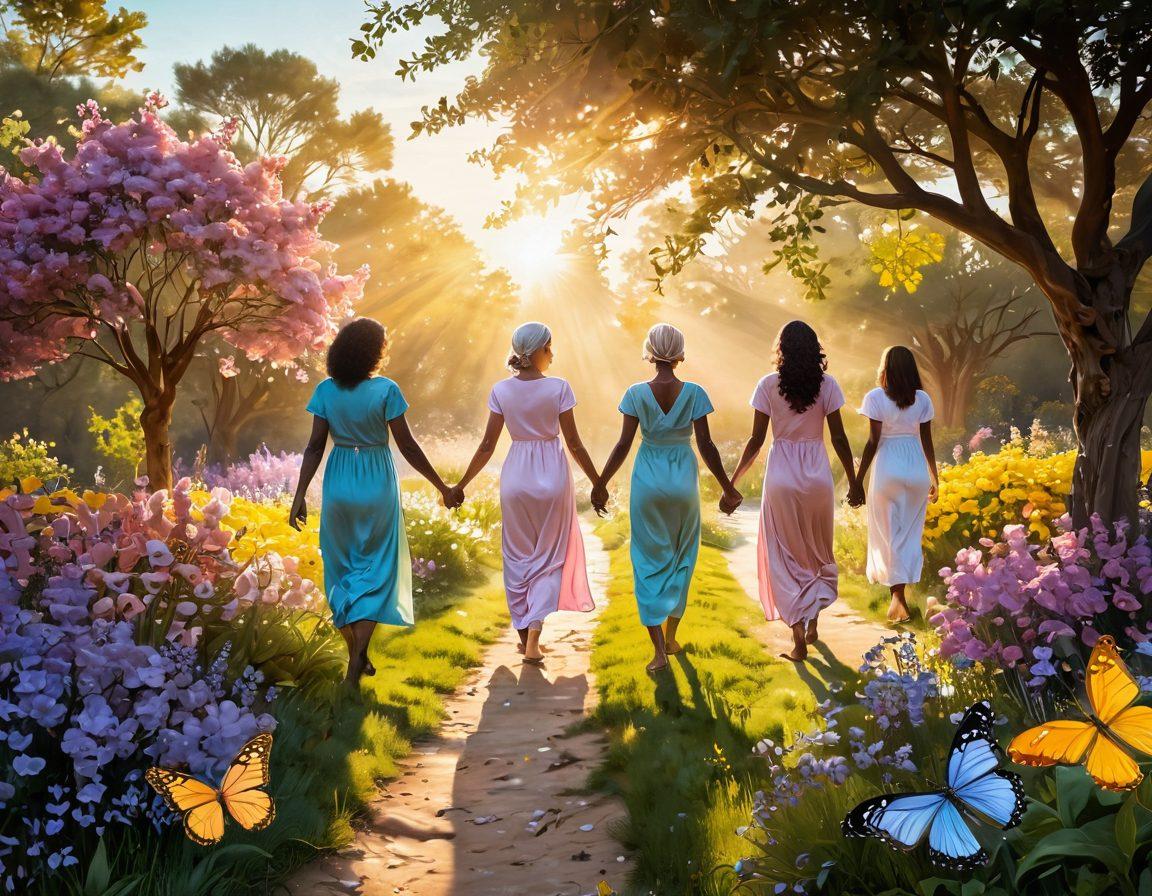 A serene landscape symbolizing hope, featuring a winding path through a vibrant garden filled with blooming flowers and butterflies, representing resilience. In the foreground, silhouettes of diverse cancer survivors holding hands, exuding strength and determination, while golden sunlight bathes the scene. A soft, uplifting color palette of pastel shades enhancing the overall warmth and empowerment of the image. super-realistic. vibrant colors.